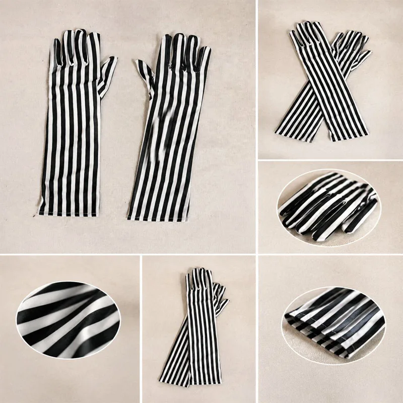 2026 Women Long Striped Opera Gloves Elastic Satin Black‑White Stripe Gloves For Halloween Carnival Theme Party Dress‑up Props