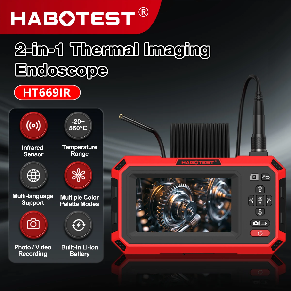 HABOTEST HT669IR Infrared Thermal Imager & Industrial Endoscope Dual-Function 7MM Automotive Mechanical Sewer Pipe Inspection