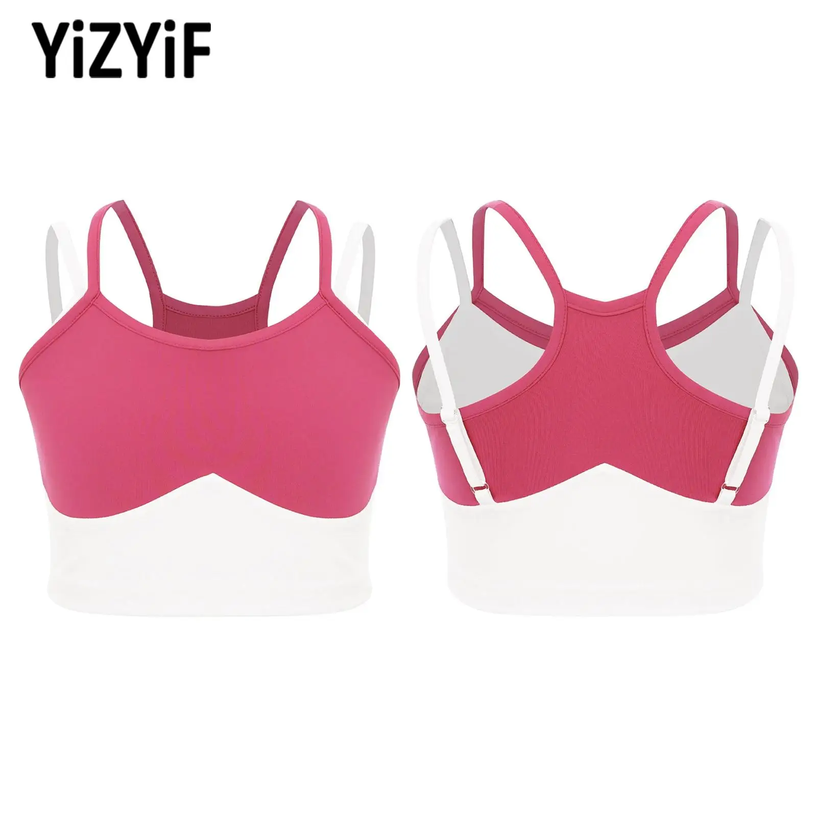 

Children Girls Color Block Pilates Running Sports Vest Double Spaghetti Straps Crop Top Yoga Camisole Quick-Drying Athletic Tops