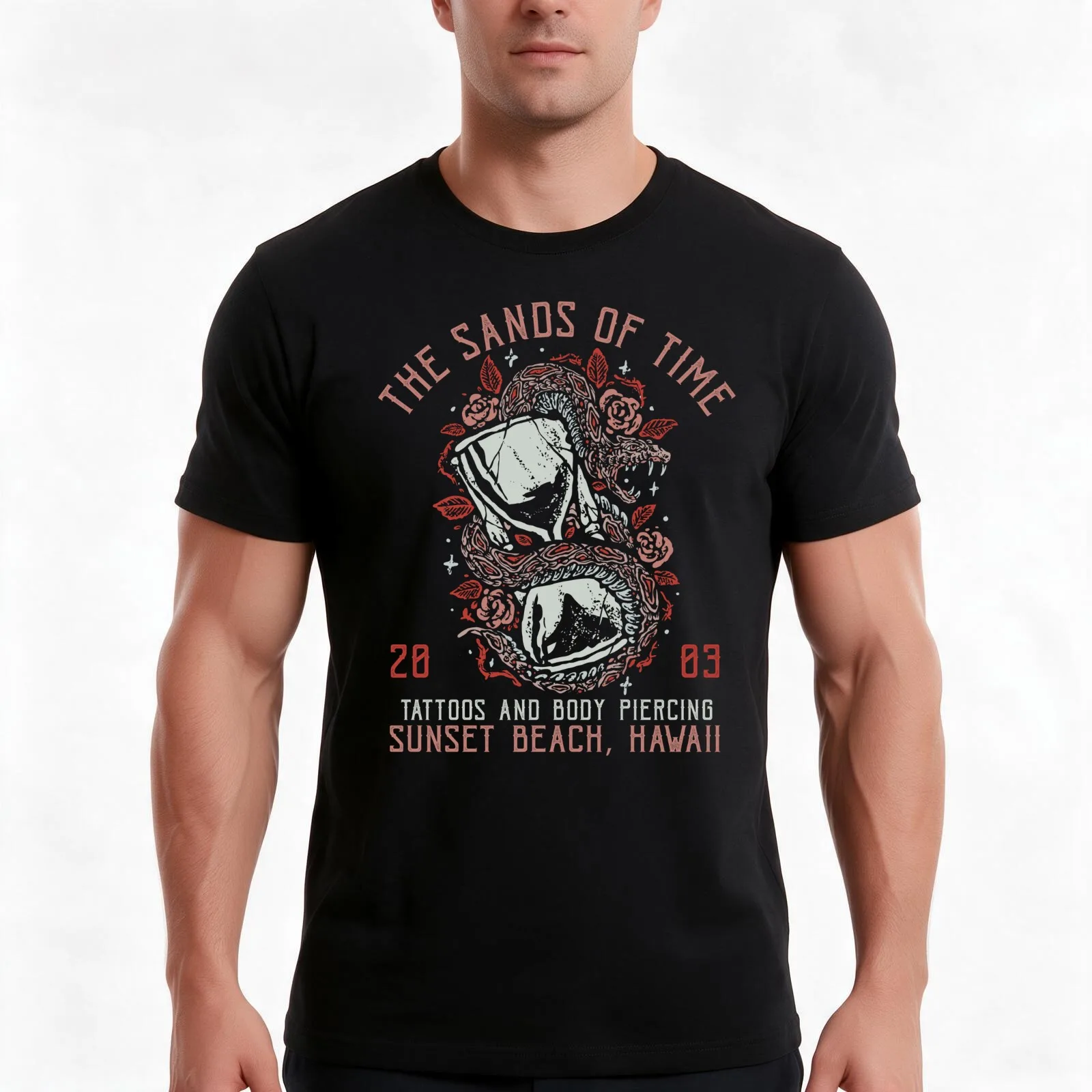 The Sands of Time, Sunset Beach, Hawaii Tattoo studio, Hourglass, Snake & Roses T-Shirt, Summer Casual Cotton Tee, 100% Cotton