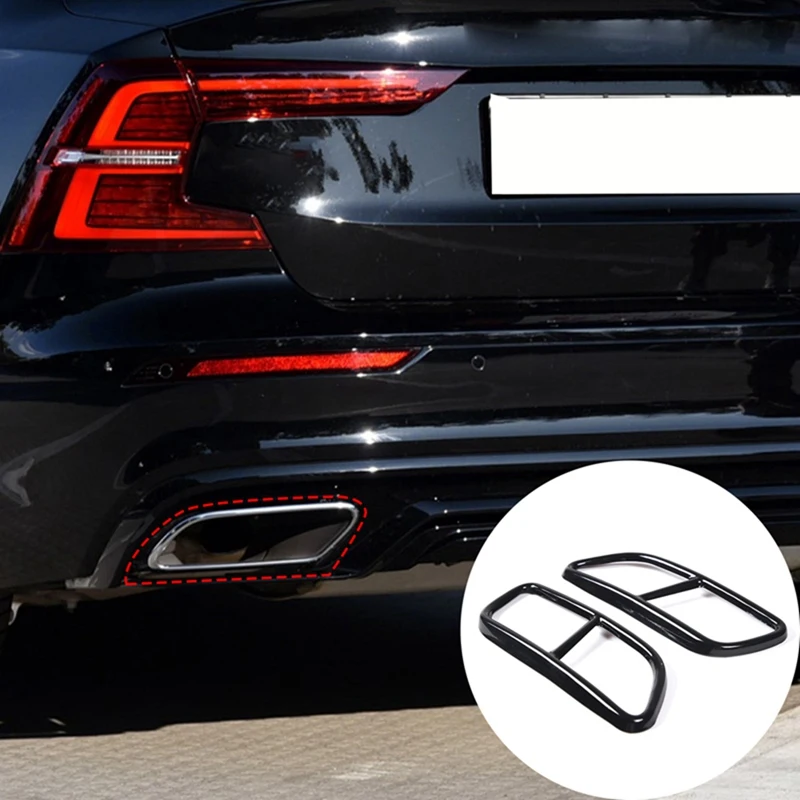 2 Piece Pipe Throat Exhaust Outputs Tail Frame Trim Cover Gloss Black Stainless Steel Exterior Accessories For Volvo S60