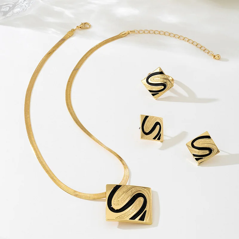 

316L Stainless Steel Black S Letter Square Pattern Serpentine Necklace for Women Stud Earrings Ring New Trend Jewelry Set