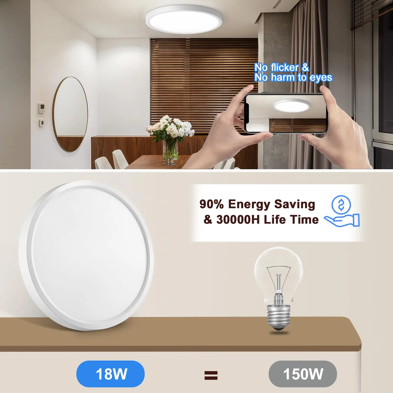 Packung mit 2/4 18-W-Smart-LED-Deckenleuchten mit Bewegungsmelder, 1800 lm Ø23 cm, 4000 K halbbündige Halterung für Schlafzimmer, Küche, Flur – Detail 4