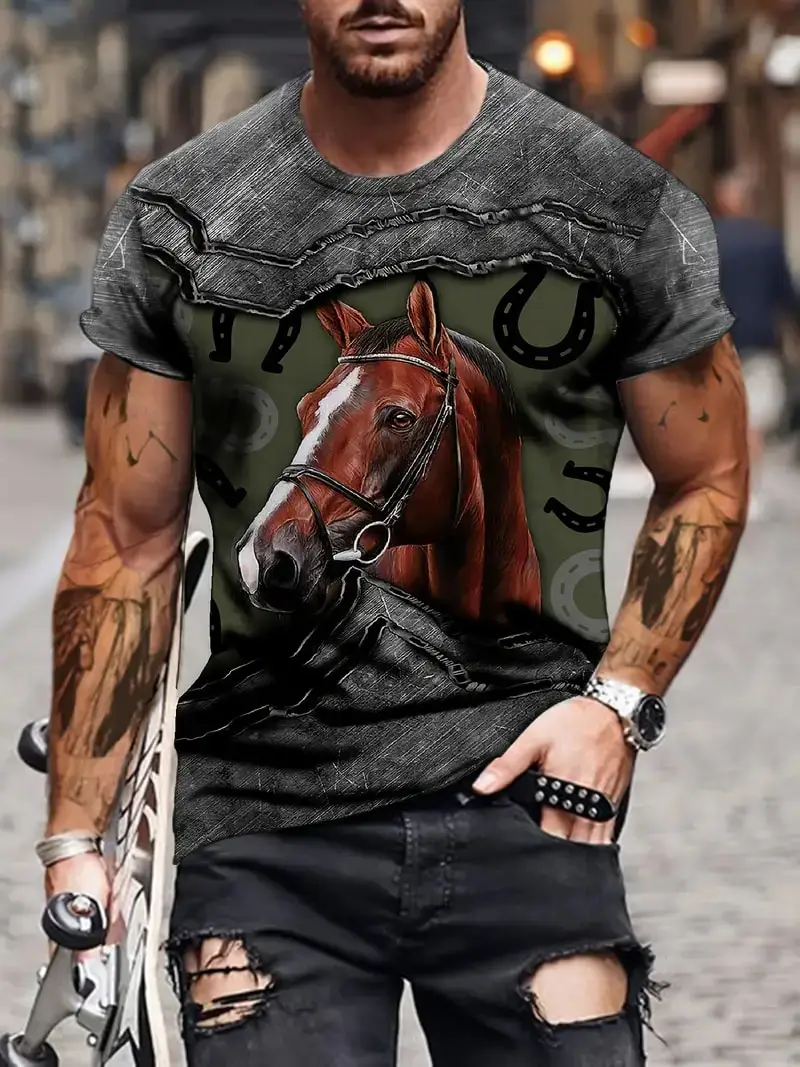 Black White Horse Graphic 3d Full Print T-shirt For Men Fashion Short Sleeve Crew Neck Tshirt Casual Summer Oversized Unisex Top