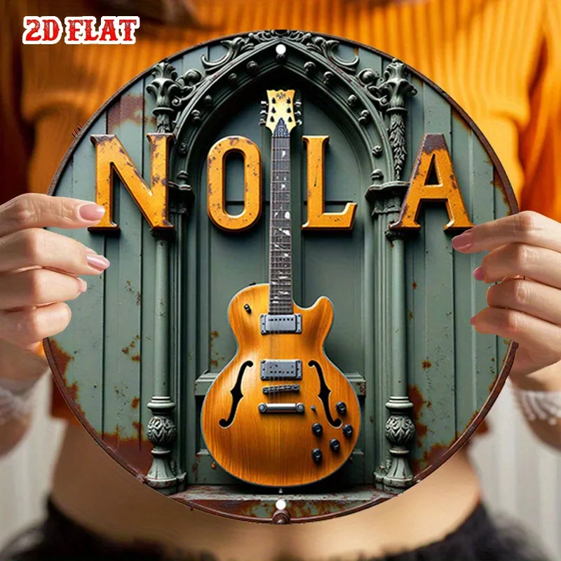 2D Flat, 1pc NOLA Guitar Round Aluminum Sign - Vintage Rustic Metal Wall Art, 7, 8x7, 8 Inch, Iconic New Orleans Music Theme view 5