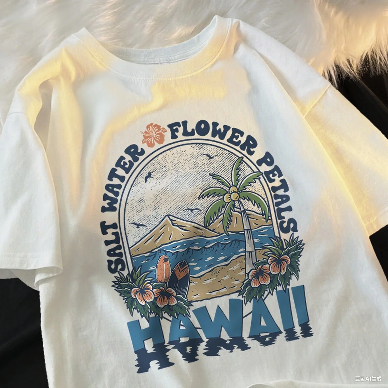

Summer Saltwater Petals Hawaii 2d Cotton T-Shirt Loose T-Shirt Parent Child Family Children Couple Street Daily Travel T-Shirt