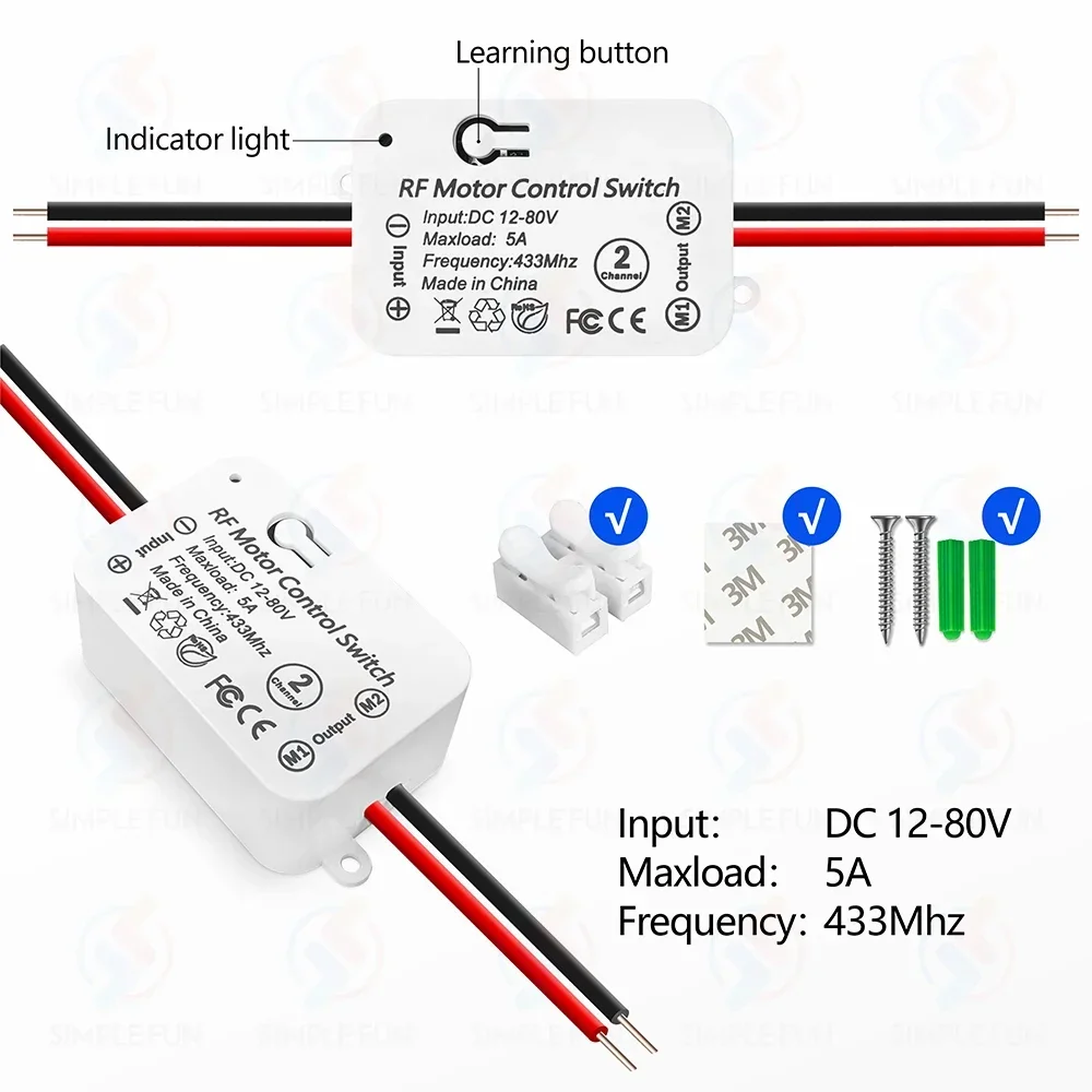 433MHz Linear Actuator Wireless Remote Control Switch,12V 24V 48V 80V Receiver,50m Wireless Wall Switch,for DC Motor Curtain