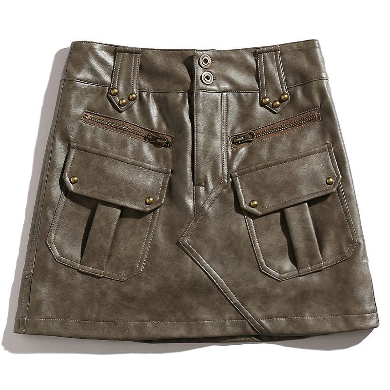 TFETTERS Brand Leather Short Skirt Women Vintage Rivet Summer Cargo Mini Skirt Females Make Old Waste Soil Style 90s Clothes