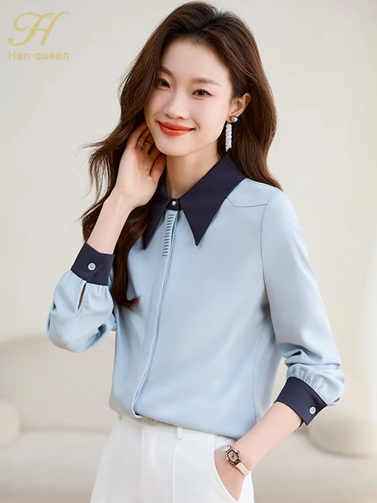 H Han Queen Spring Autumn Long Sleeve Top Elegant Blouses Colorblock Simple Shirt Korean Casual Chiffon Blouse Women Clothing