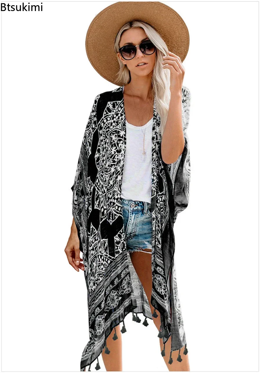 New 2024 Sexy Bikini Cover-ups Boho Printed Fringed Long Kimono Carfigan Tunic Women Plus Size Beach Wear Swim Suit Cover Up