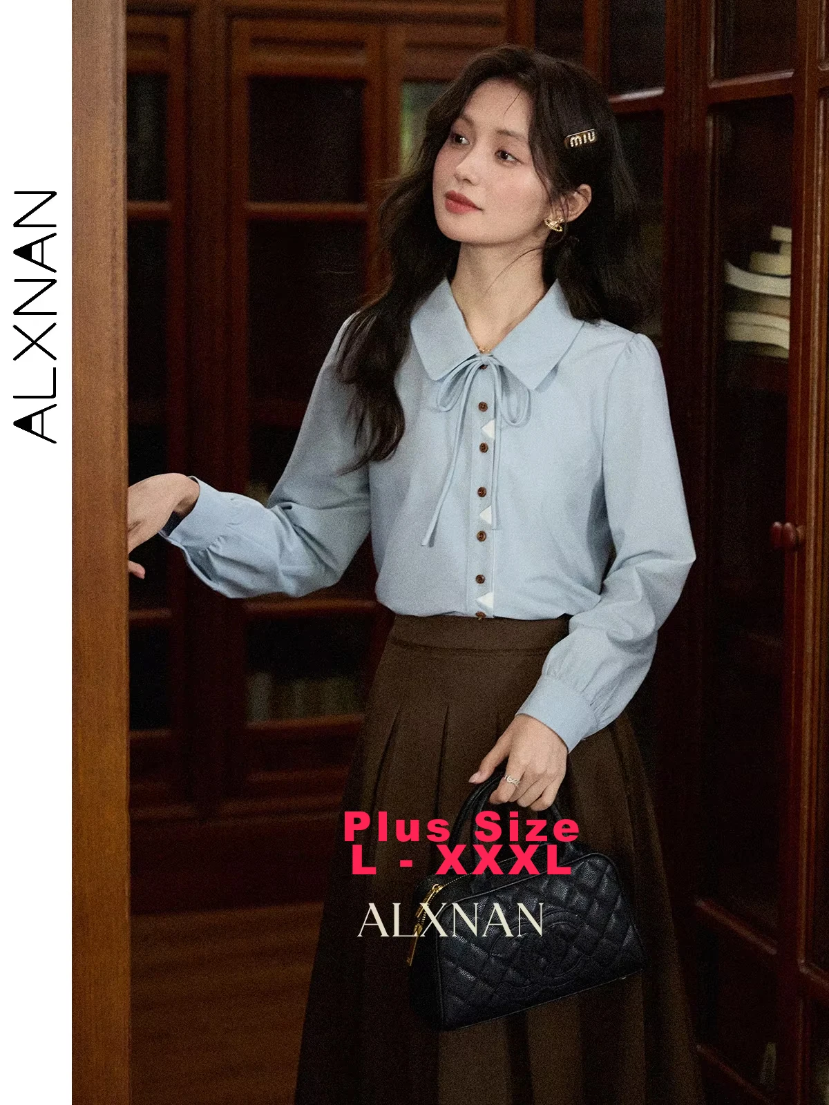 

ALXNAN Plue Size Shirt Blue Lapel Tie Design Back Flower Embroidery Blouses Autumn Casual Office Lady Long Sleeve Tops D12817