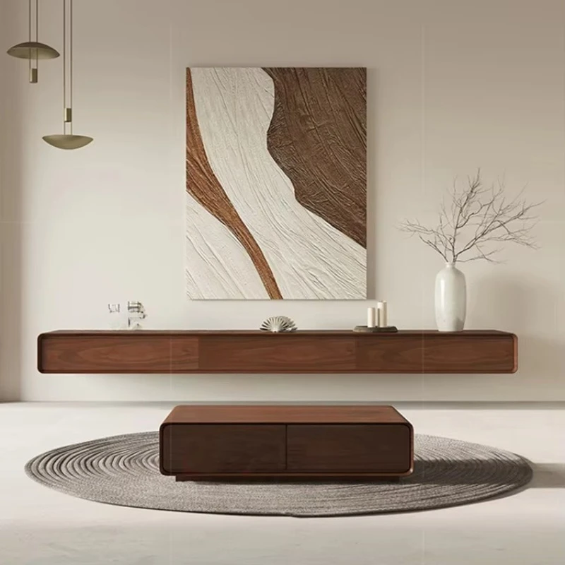 

Walnut TV Cabinet Hanging Solid Wood TV Cabinet Coffee Table Combination Modern Simple Wall