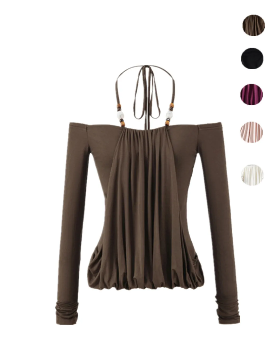 مثير فتاة أمريكية Sle ريترو مطرز مطوي كتف واحد طويل Sve تي شيرت اللف التعرض المنسوجة الأعلى للنساء