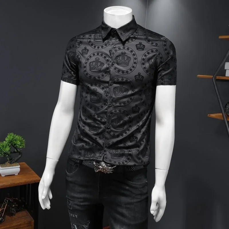 Summer Top Shirts Business Formal Dress Camisa Social Masculina Flower Shirt Luxury Black Crown Flocking Short Sleeve Shirt Men