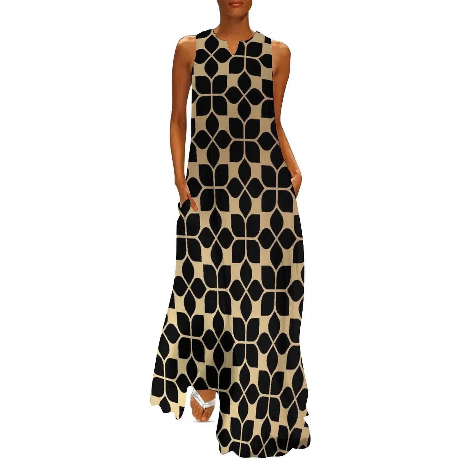 

Gold Vintage Geometric Dress Flower Abstract Cute Maxi Dress Fashion Casual Long Dresses Female V Neck Custom Oversized Vestidos