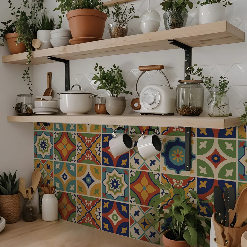 Colorful Azulejos Wall Tiles Stickers Decor, Waterproof Peel and Stick Backsplash for Kitchen, Removable Self-Adhesive Decals