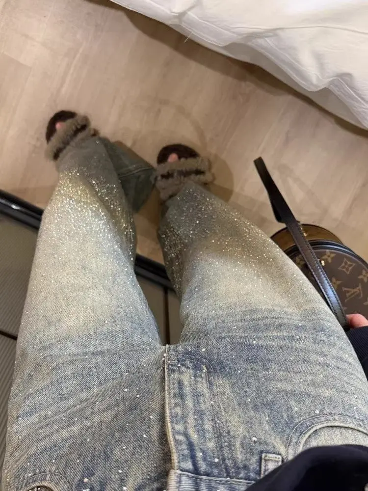 Y2k Streetwear Rhinestone Shiny Straight-Leg Jeans Women Design High-Waisted Wide-Leg Denim Pants Loose Long Pants Trouser Trend