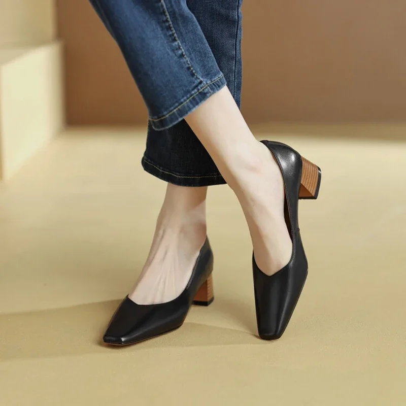 NEW Spring/Autumn Women Shoes Square Toe Chunky Heel Women Pumps Split Leather Shoes for Women Concise Soft Handmade Lady Shoes