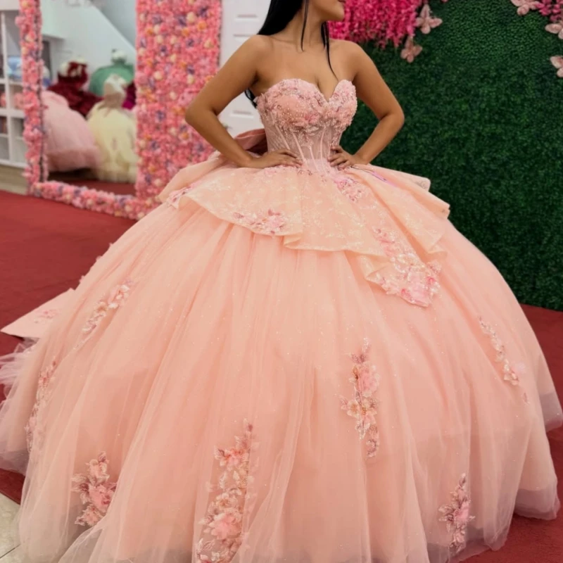 Pink Glitter Quinceanera Dresses Off Shoulder Ball Gown Sweet 16 Dress Applique Flower Beading Bow Tull Corset Party Birthday Ve