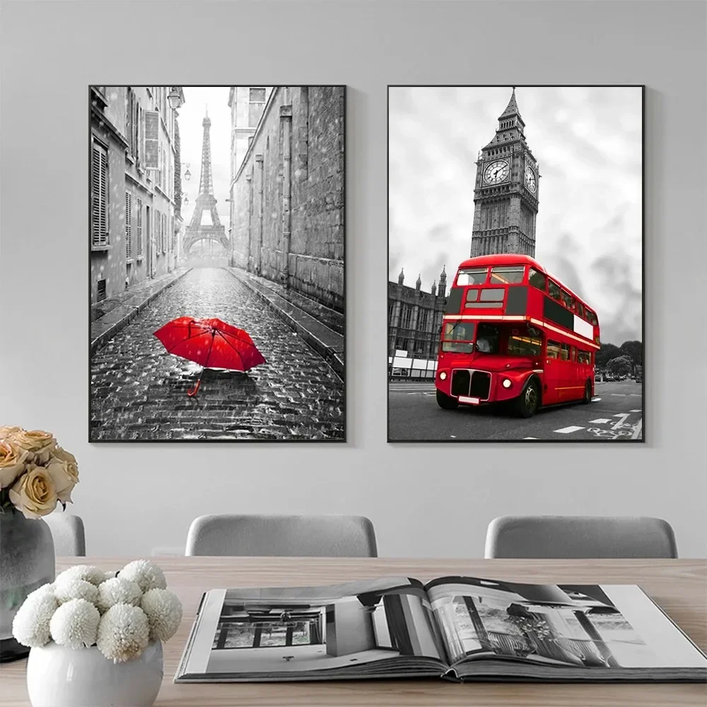 Paisaje Urbano en Blanco y Negro, París, Big Ben, Torre Eiffel, Autobús Rojo, Paraguas, Arte de Pared, Lienzo Impreso, Pintura, Póster