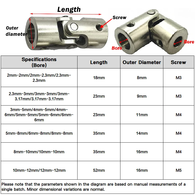 1pcs Universal Joint Coupling Gimbal 2/2.3/3/3.17/4/5/6/8/10/12mm Metal Cardan Joint Motor Connector RC Boat Car Shaft Coupler