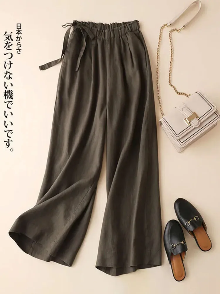 Spring Summer Cotton Linen Wide Leg Pants Korean High Waist Straight Sweatpants Vintage Lace-up 90cm Trousers Womens Pantalones