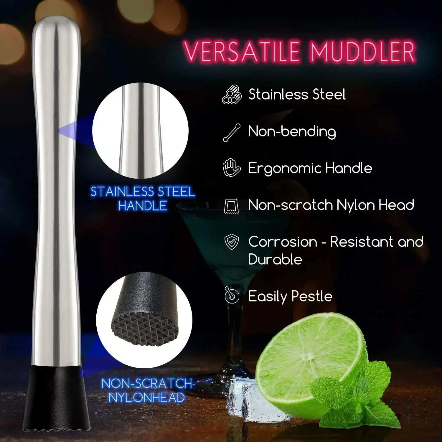 Stainless Steel Cocktail Muddler Set  and Mixing Spoon Home Professional Bar Tool Set  bar accessories home bars for Mojitos