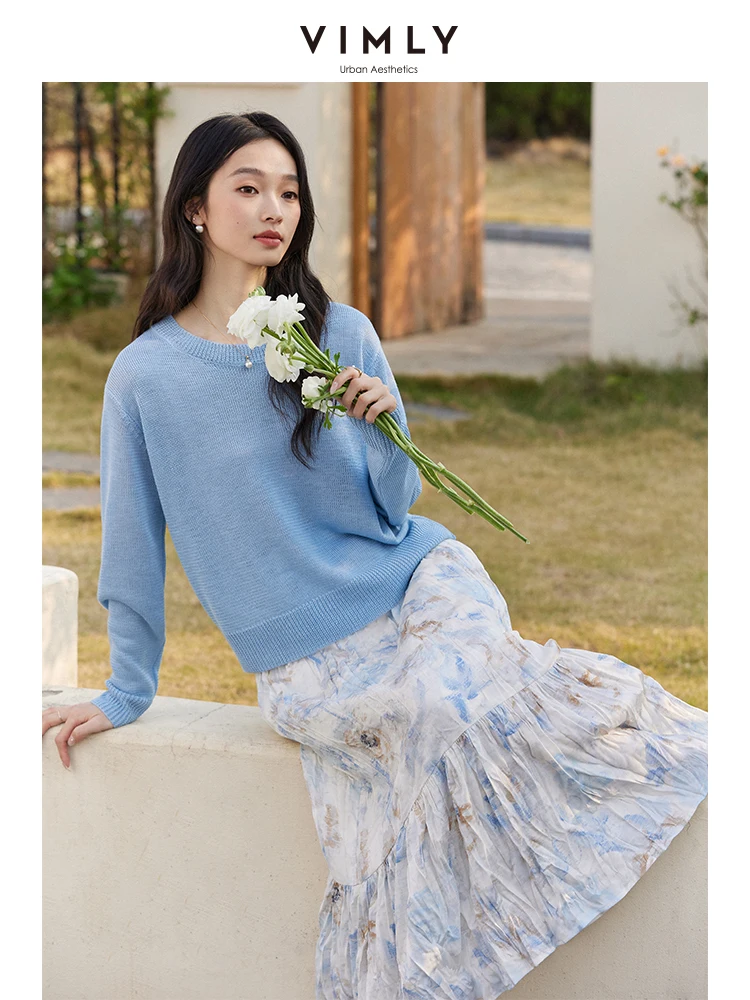 VIMLY Women Simple Knitted Sets 2026 Spring Office Lady Casual Pullover Top+Pleated Floral Printed Skirt Beach Style 2pcs Set