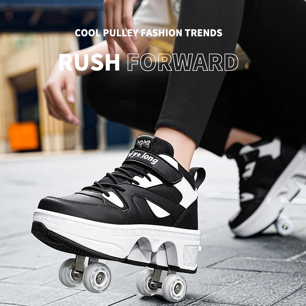 Scarpe da ginnastica pop-up unisex a doppio scopo con ruote Scarpe da pattinaggio casual a 4 ruote alte per donna