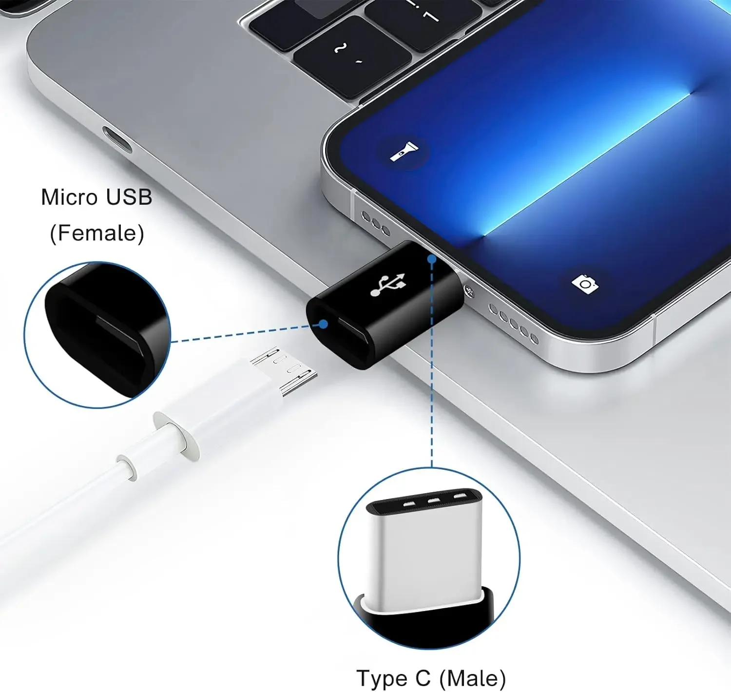 USB Type C Adapter Micro USB to Type-C Conversion Connector (Using 56K Resistor) Transfer at high Speed (Black and White)