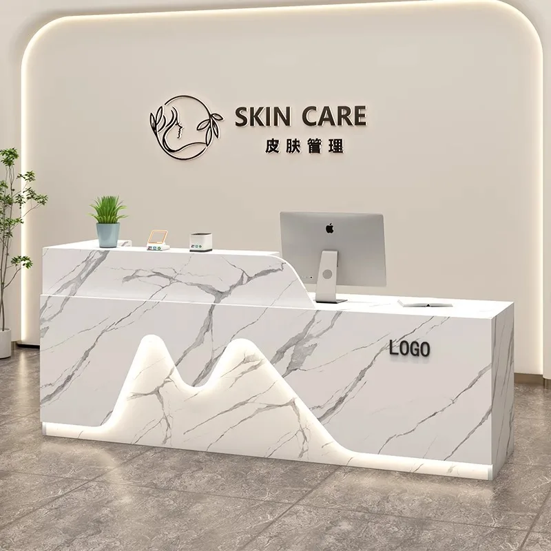 Muebles de oficina profesionales, arreglo de tienda, escritorio de oficina blanco, mostrador de recepción pequeño de madera, recepción de belleza, escritorio de mediados de siglo