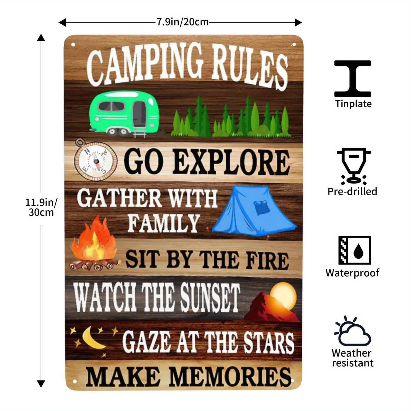 Vintage Camping Tin Sign, Camping Rules, Cather with Family, Sit By The Fire, for Cafes Bars Pubs Shop Wall Signs for Men Women