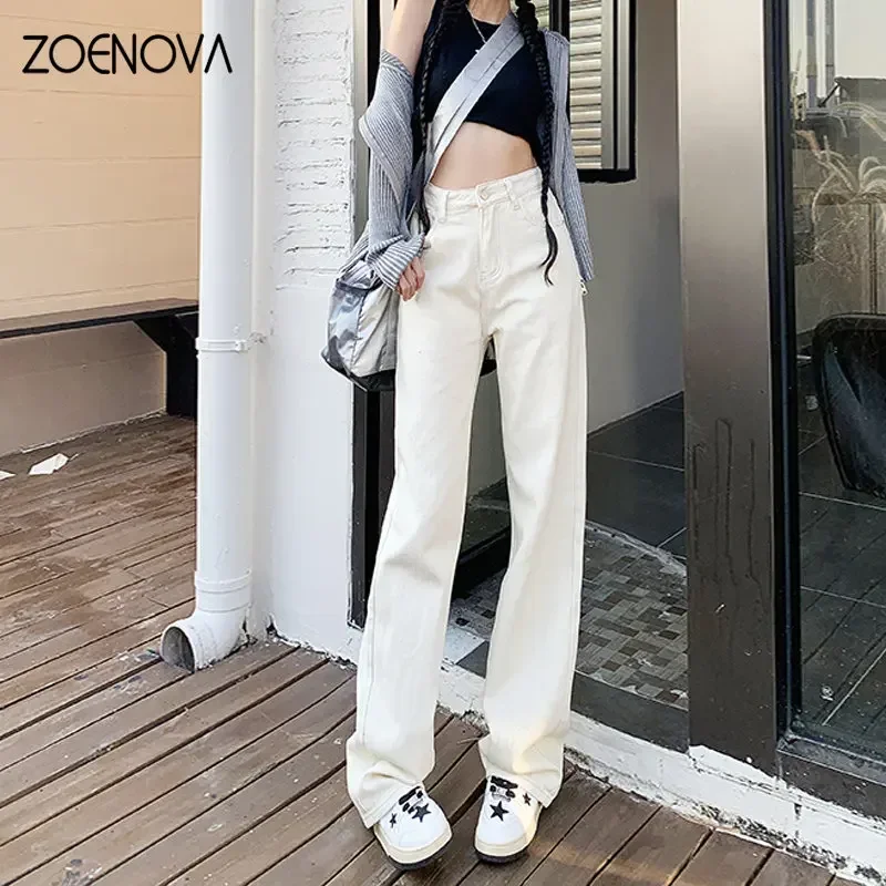 

ZOENOVA Straight Loose Casual New Wide Leg Pants Pure Cotton Jeans Multi Color Retro Casual High Waisted Denim Streetwear Women