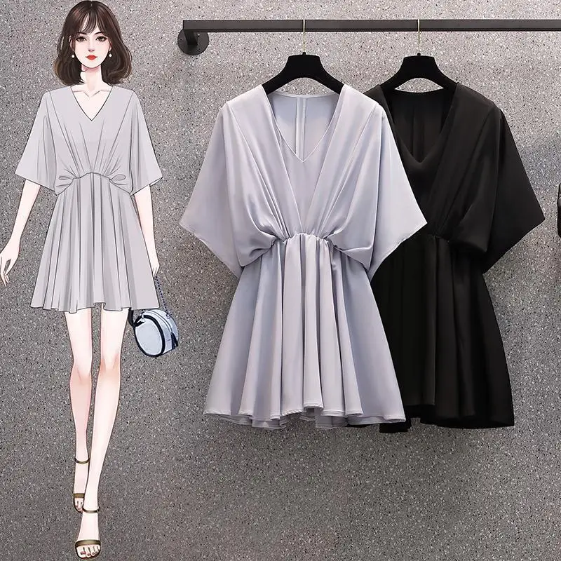 Oversized Women's Clothing, Exploding Street Top,Summer Clothing, Waist Cinching, Belly Covering, Loose Chiffon Dress