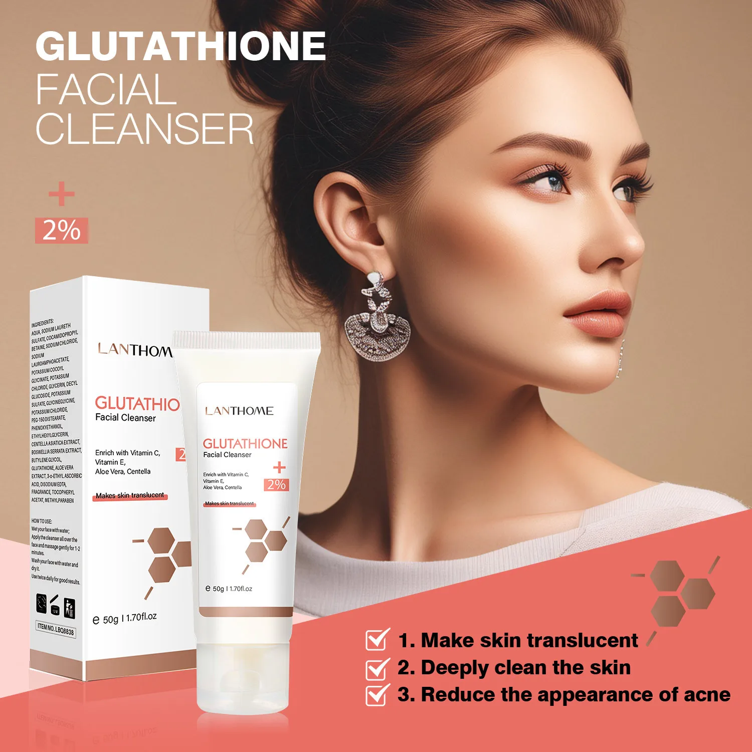 

Low Price LANTHOME Glutathione Cleanser Is Gentle and Moisturizing Facial Cleanser (50g*2)