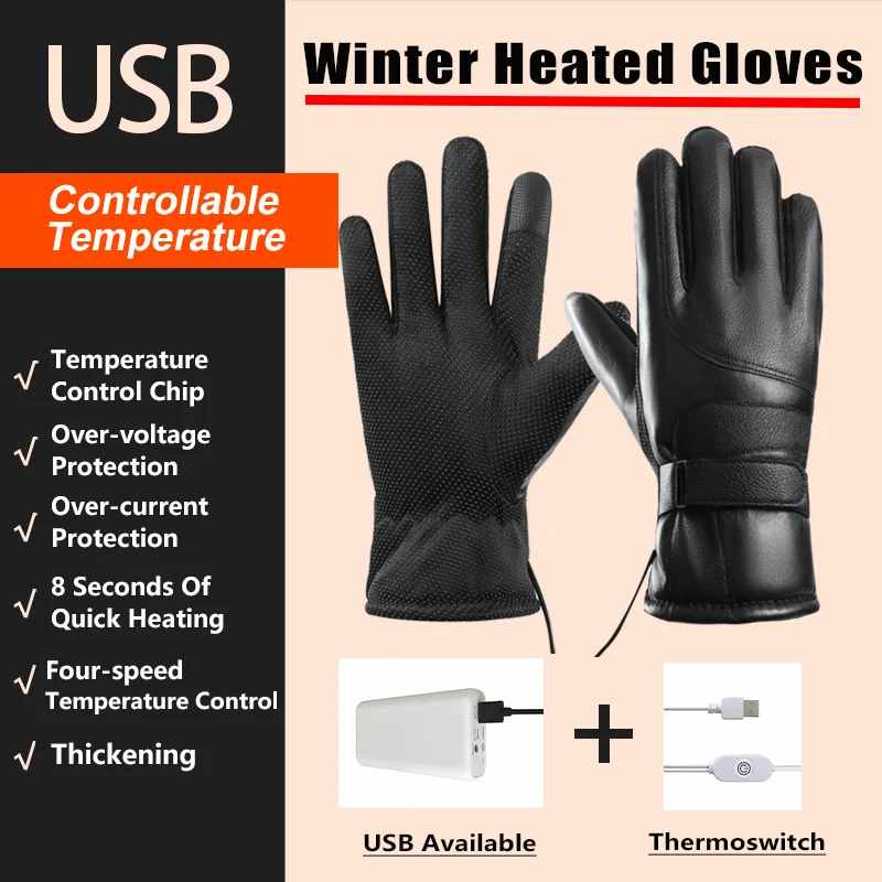 Winter Heated Gloves USB port electric heated gloves Bicycle/Motorcycle/Fishing Outdoor warm windproof waterproof gloves