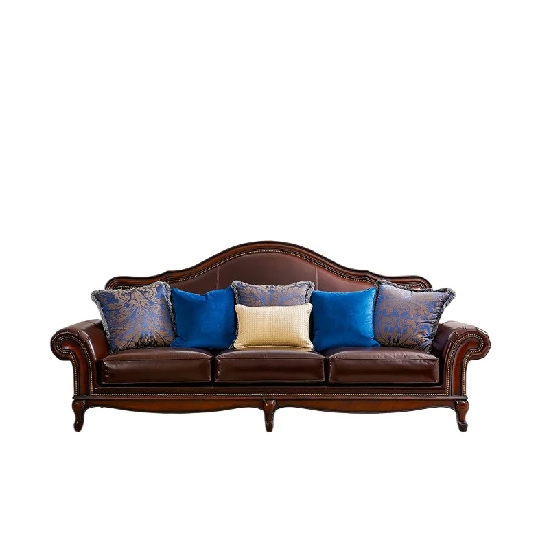 Classic pure American leather sofa, European-style villa living room, solid wood carved four-person sofa