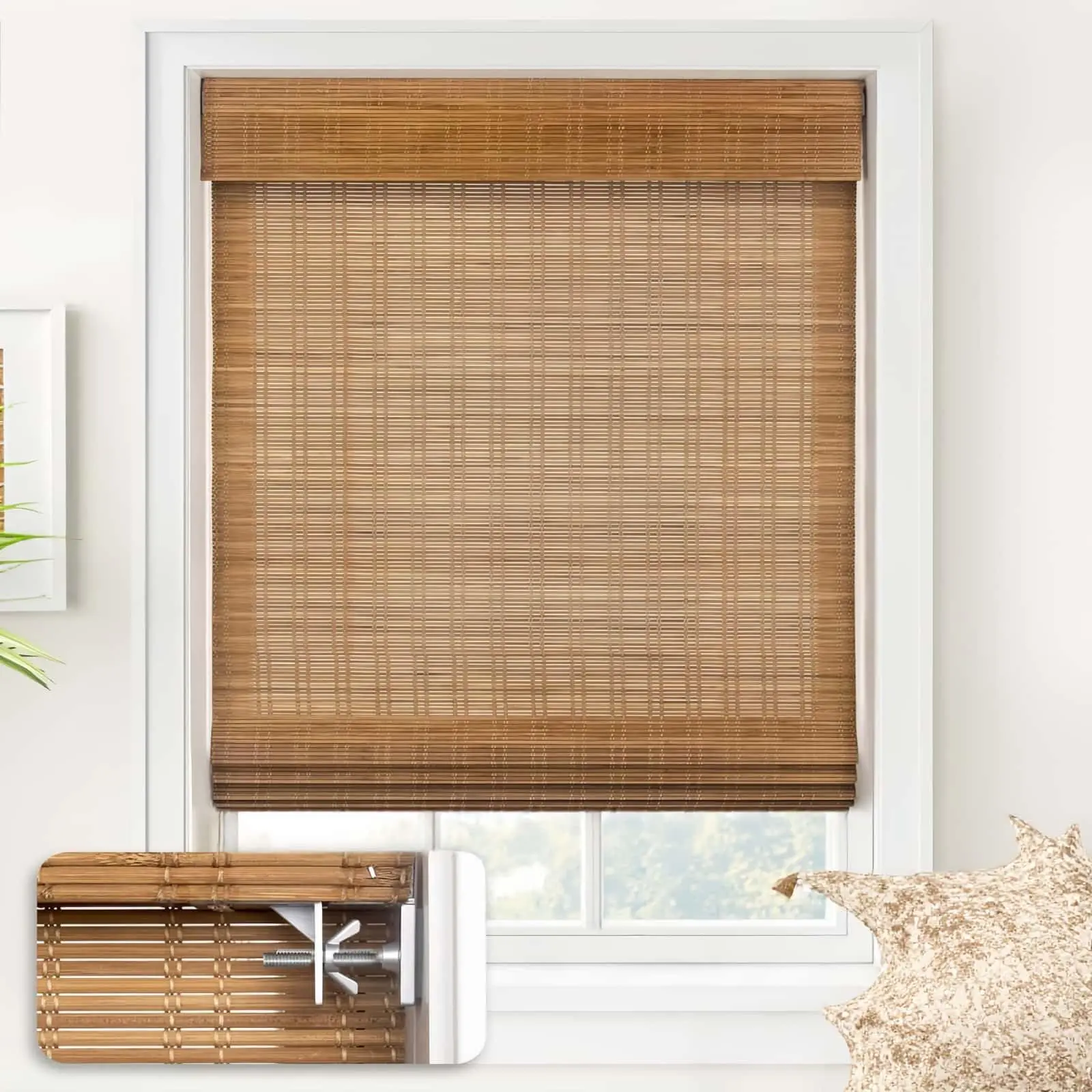 Cordless No Drill Bamboo Roman Shades No Tools Light Filtering Window Treatment Roll Up Bamboo Blinds with Valance.70