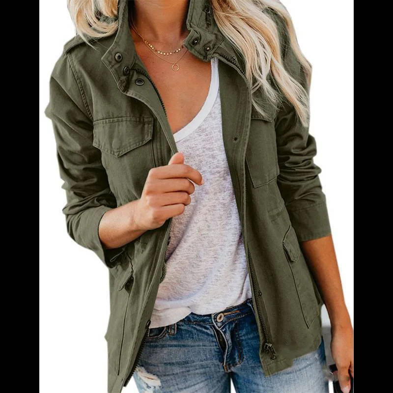 Women's Spring Autumn Turn Collar Loose Zipper Multi-Pocket Jacket Coat