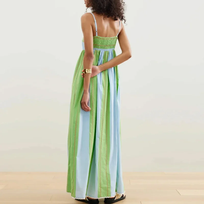 Abito lungo da spiaggia con tasca verde con spalle scoperte Abito estivo plissettato senza maniche casual Abbigliamento da donna Abito da vacanza stampato a righe