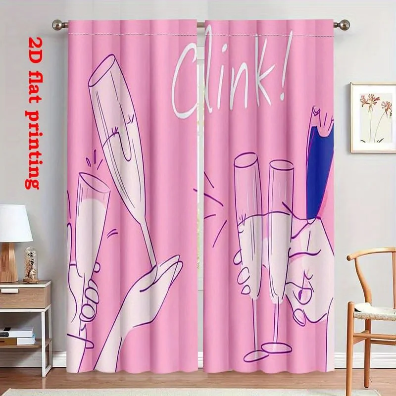 Pink Champagne Toast Print Curtain, Clinking Glasses Pattern Drape, Modern Celebration Party Window Treatment for Living Room