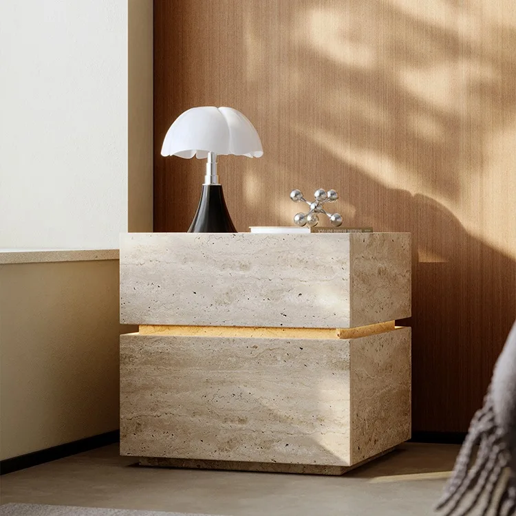 

Bedside Table Travertine Retro Modern Minimalist Italian Style Smart with Light Storage Solid Wood Side Table Living Room
