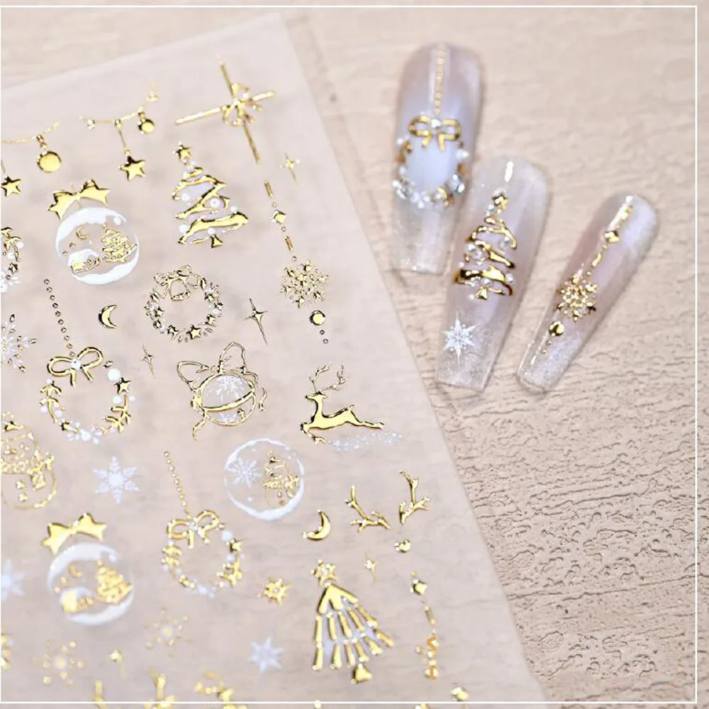 1 unidad de pegatinas de decoración de uñas con copos de nieve y corona de árbol de Navidad estampado dorado, autoadhesivas 5D, calcomanías de manicura de dibujos animados de Navidad de Papá Noel y alce