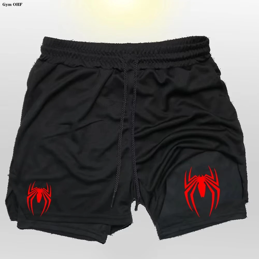 2026  Sport Shorts Men Spider Sportswear Double-Deck Running Shorts 2 In 1 Beach Bottoms Summer Gym Fitness Training Short Pants