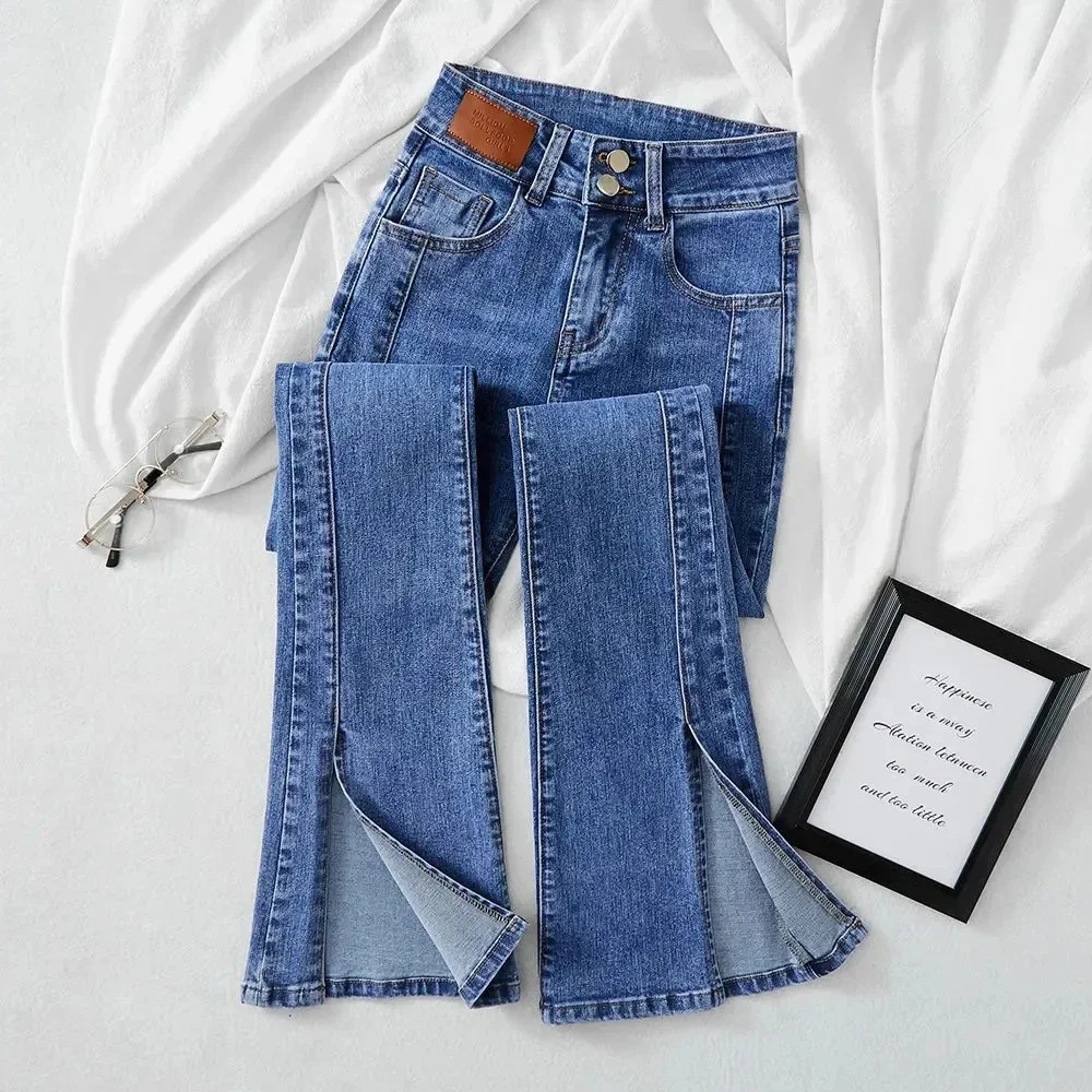 

High-waist Stretch Split Flare Jeans Women Street Clothes Spring Summer New Slim Women Vintage Denim Trousers Casual Jeans V859