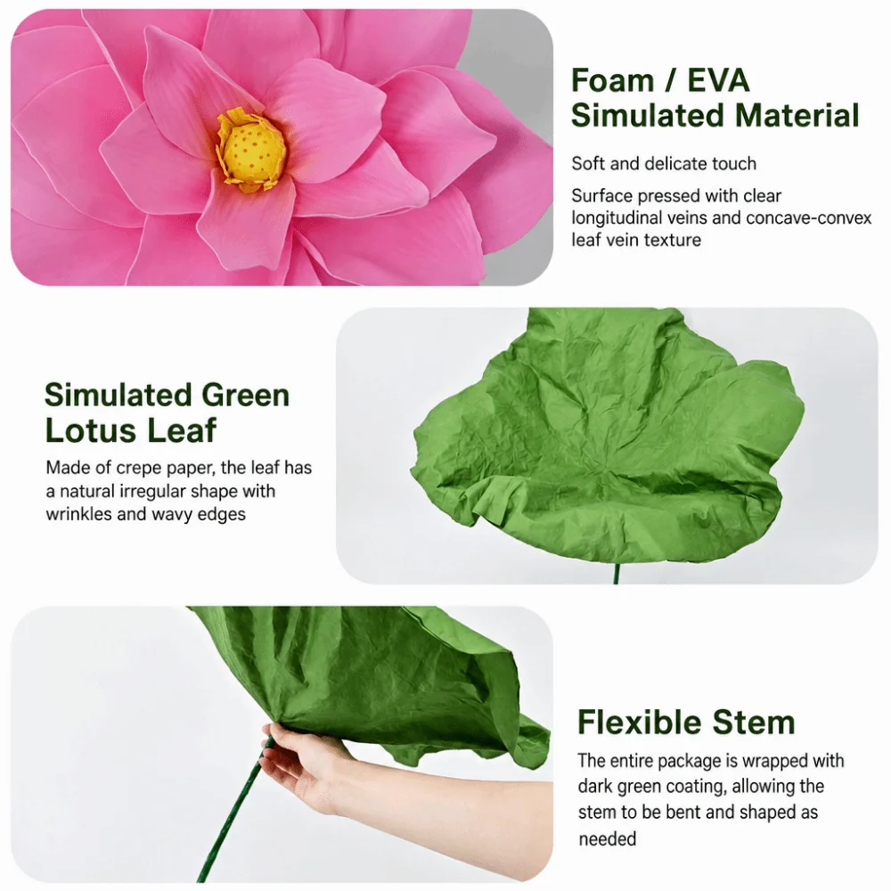 30/40/50CM Lotus Artificial Flowers Decoration Green Leaves Scene Layout Giant Decoration Flowers Lotus DIY Pink White Petals
