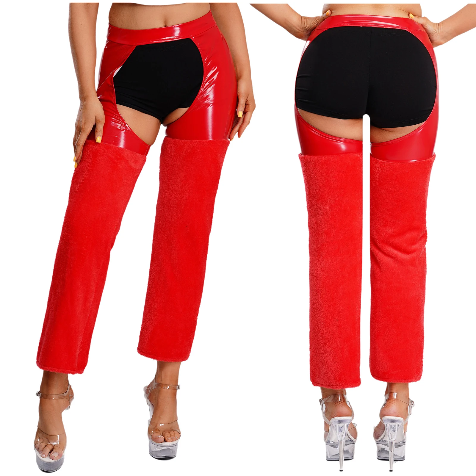 

Women Glossy PU Crotchless Chaps Pants Plush Flannel Wide Legs High Waist Open Butts Trousers Raves Party Clubwear Nightwear