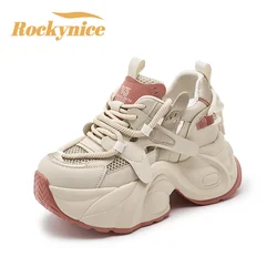 Women Summer Hollow Breathable Mesh Chunky Sneakers New Microfiber Leather Comfy Casual Dad Shoes Female Platform Sports Shoes