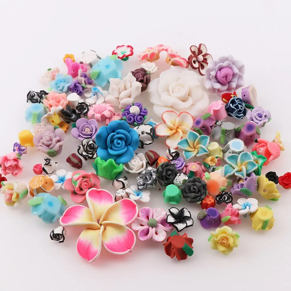 50pcs/lot Mixed Size and Style Fimo Polymer Clay Flower for DIY Craft Randomly Loose Spacer Beads For DIY Accessories