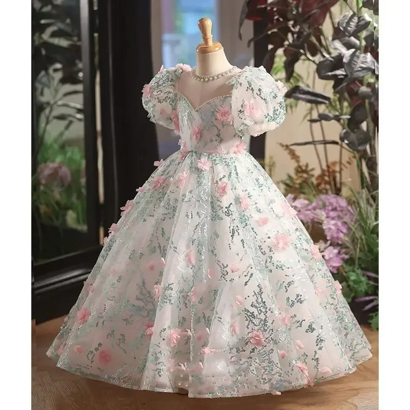 Floral Girls Formal Dress Elegant Flower Girl BirthdayOutfit Party Little Girls Clothes Princess Gown Kids Host Piano Recital
